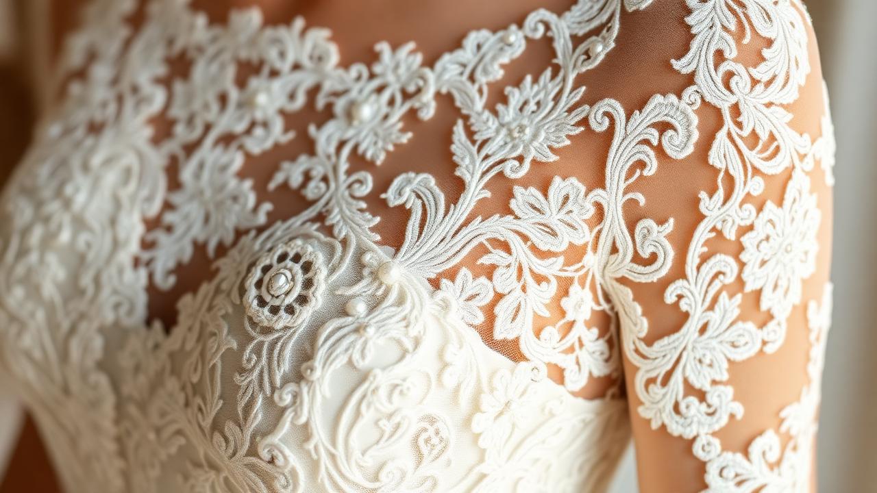 Détails de dentelle vintage sur une robe de mariée d'occasion de créatrice