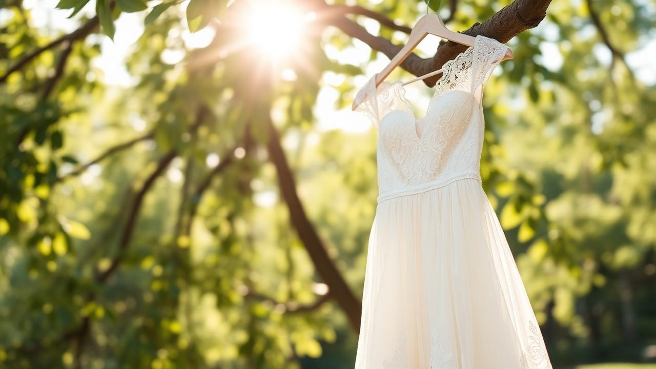 Robe de mariée d'occasion suspendue à une branche d'arbre dans un décor naturel